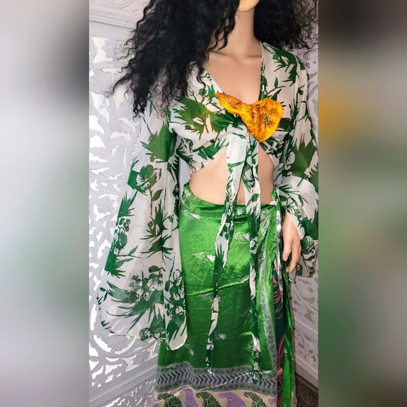 Exotic Silk Boho Green Multicolor Reversible Wrap Maxi Skirt - Picture 12 of 16